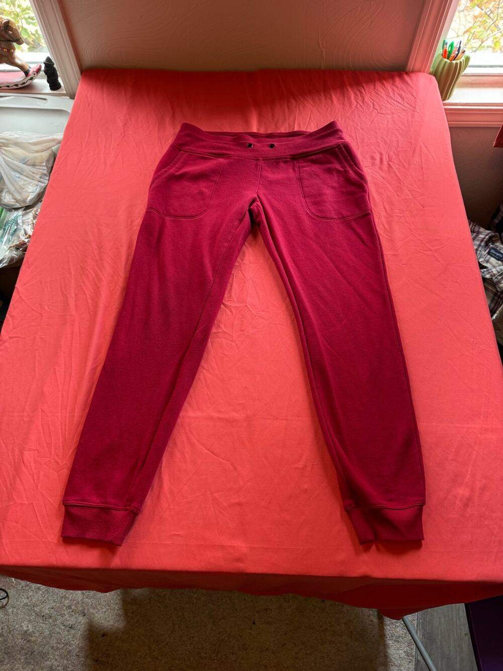 DKNY Sport Women S Red Fleece Joggers Holographic Glitter Logo Flaws